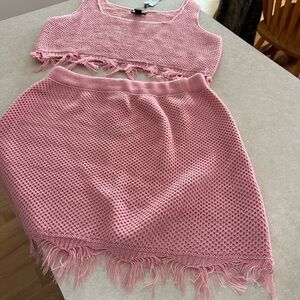 PrettyLittleThing Pink Knit Fringe skirt and top
